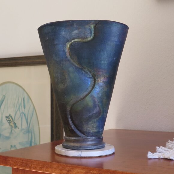 Raku Flatten Vase, Signed - Picture 1 of 7